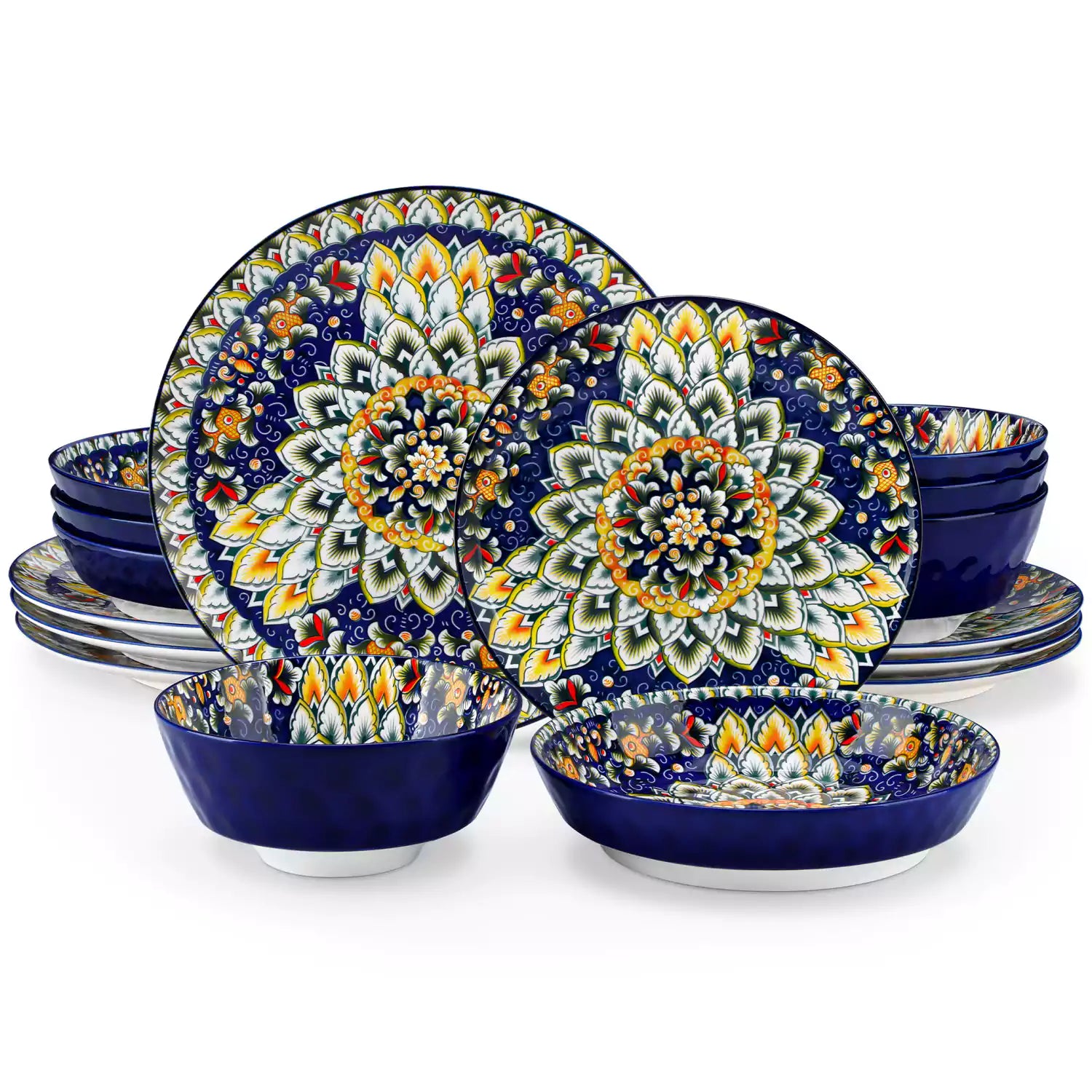 Boho Chic Simi 16-Piece Porcelain Dinnerware Set in Navy Blue with Embossed Cereal Bowls