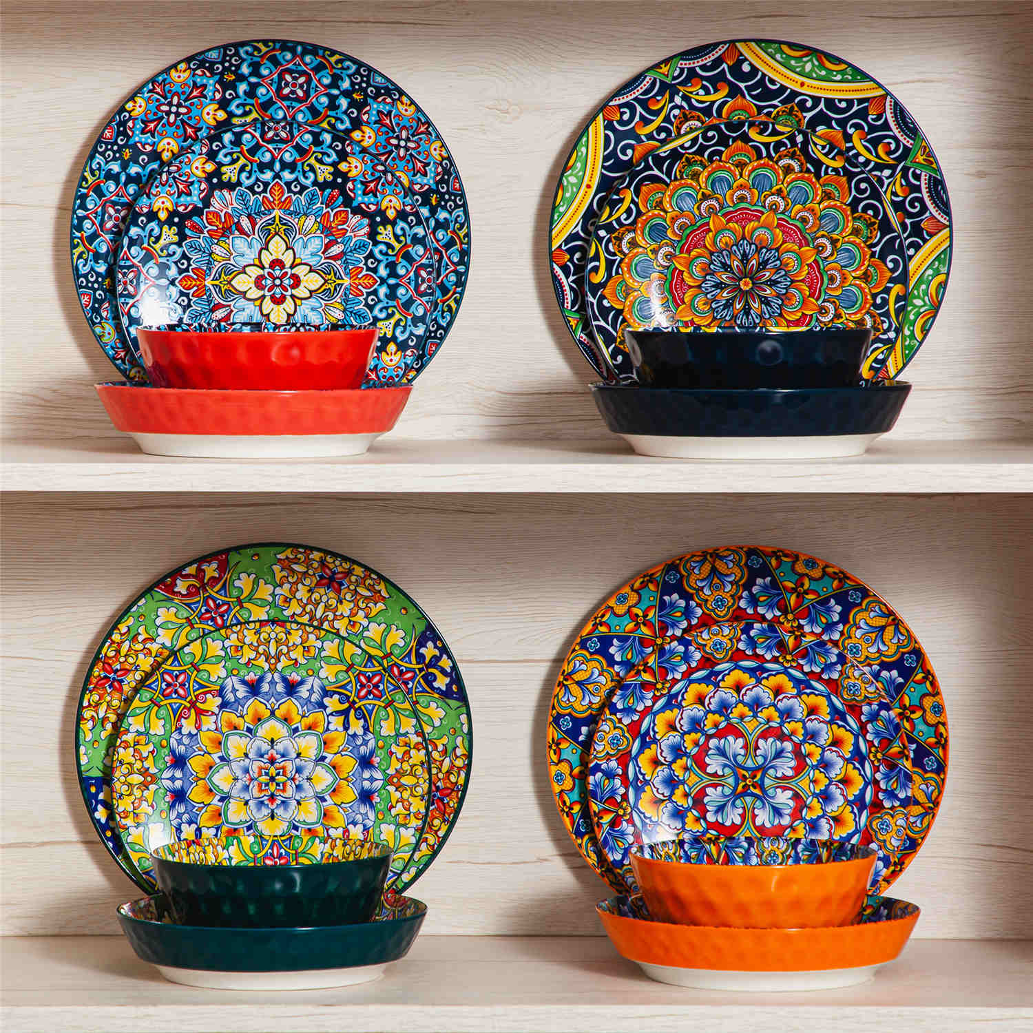 Boho Chic Simi 16-Piece Porcelain Dinnerware Set in Assorted Colors with Embossed Cereal Bowls