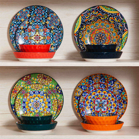 Boho Chic Simi 16-Piece Porcelain Dinnerware Set in Assorted Colors with Embossed Cereal Bowls