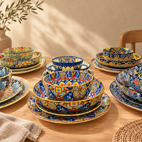 vancasso Simi 24-Piece Dinnerware Set With Double-Sided Bowls, Showcasing Vibrant Bohemian Patterns For An Elegant And Versatile Table Setting.