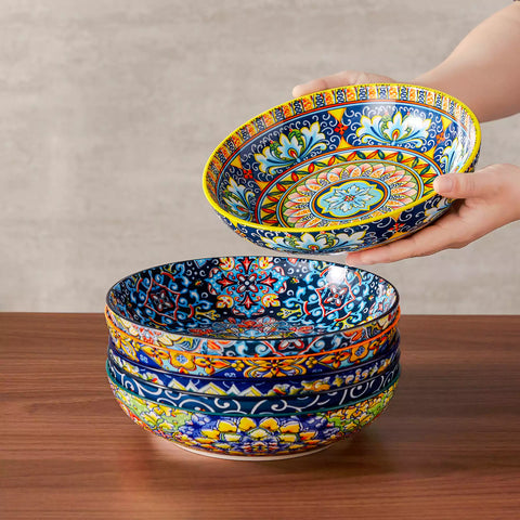 Boho chic porcelain pasta bowls set of 6 with colorful cherry tomatoes and lemons on a wooden surface-vancasso