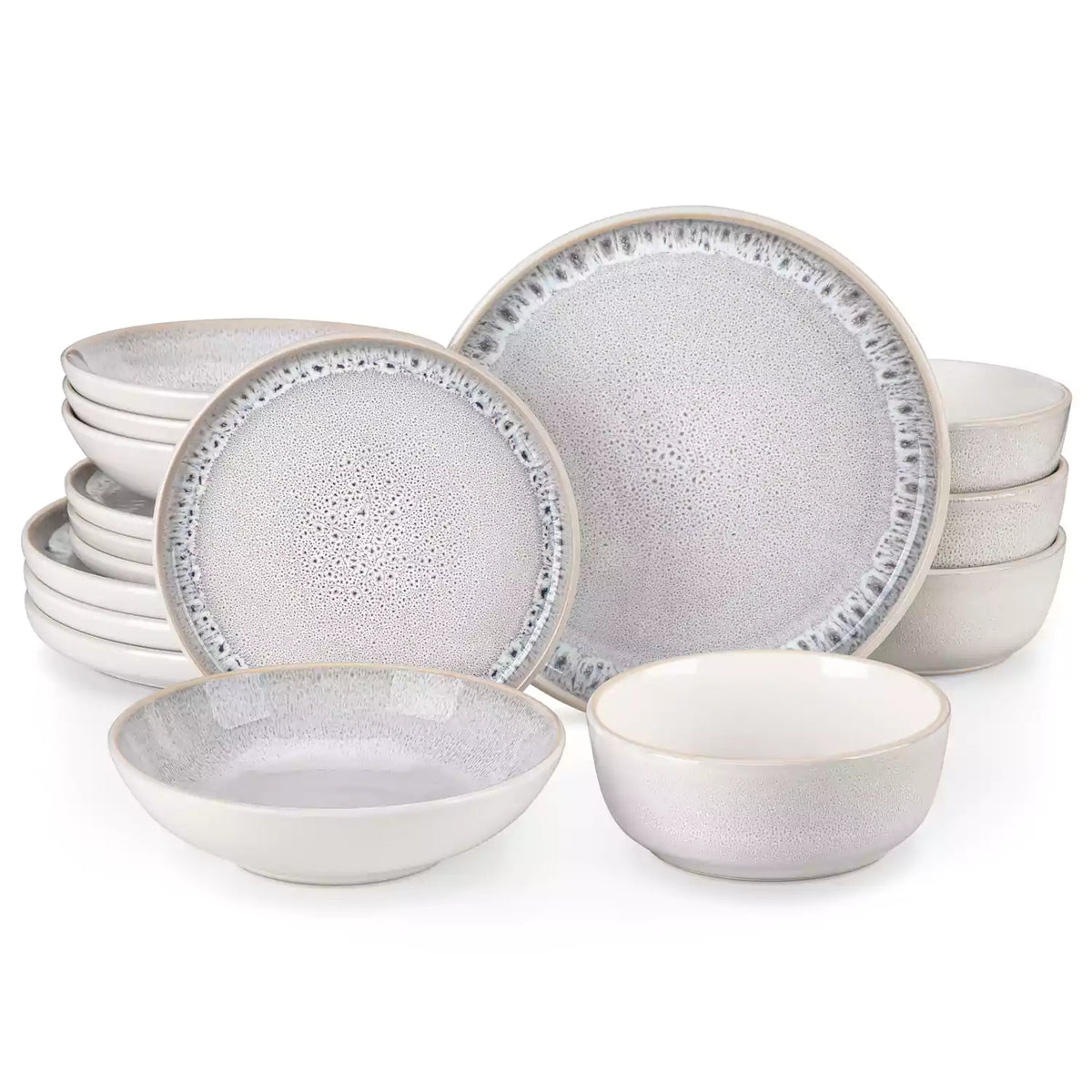 Snow 16-Piece Stoneware Set With Snowflake Glaze Perfect For Cozy Everyday Meals.