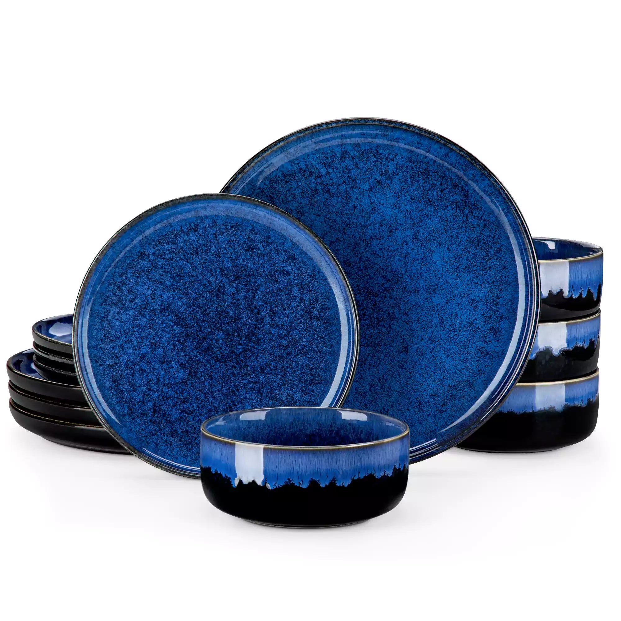Starry Lipped-Edge 12-Piece Stoneware Dinnerware Set Featuring A Unique Starry Design And Functional Lipped Edges - Blue