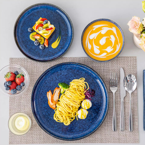 Starry Lipped-Edge 12-Piece Stoneware Dinnerware Set Featuring A Unique Starry Design And Functional Lipped Edges - Blue