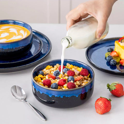 Starry Lipped-Edge 12-Piece Stoneware Dinnerware Set Featuring A Unique Starry Design And Functional Lipped Edges - Blue