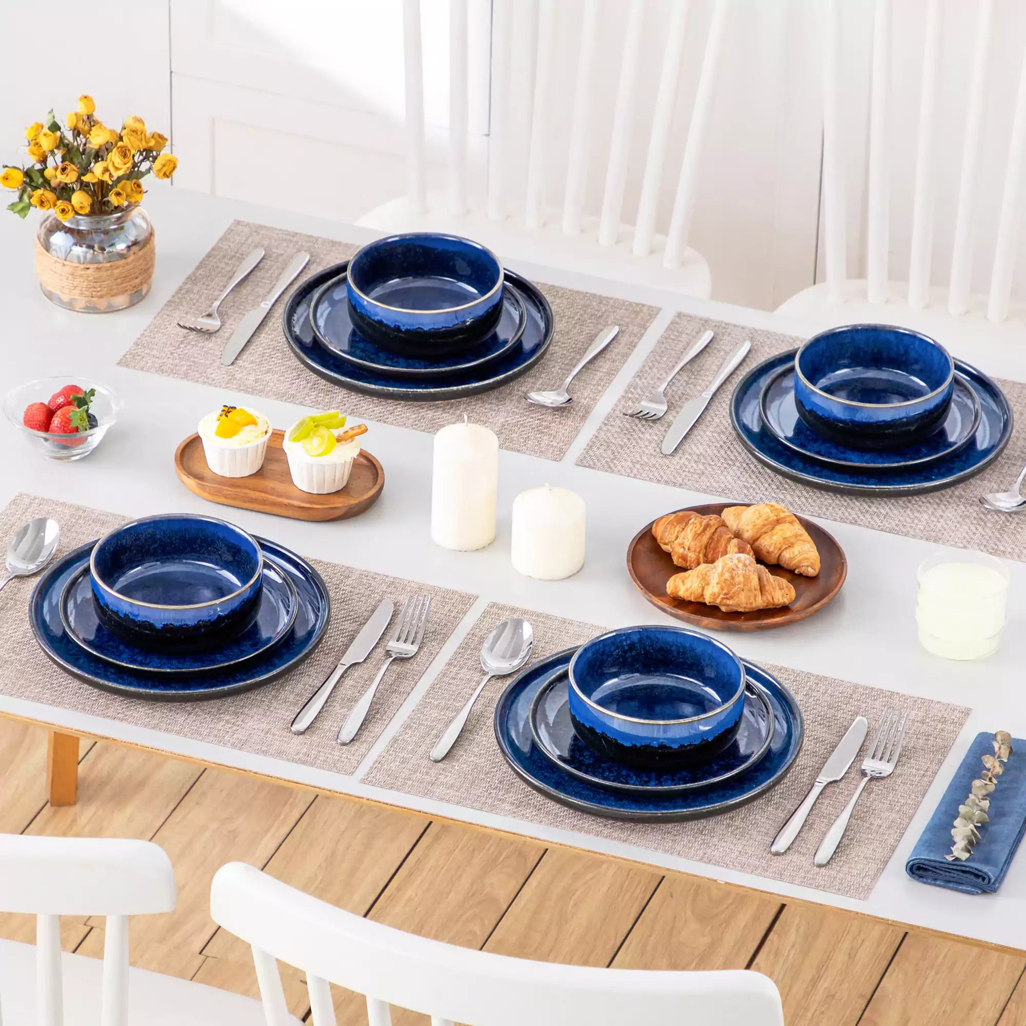Starry Lipped-Edge 12-Piece Stoneware Dinnerware Set Featuring A Unique Starry Design And Functional Lipped Edges - Blue