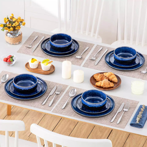 Starry Lipped-Edge 12-Piece Stoneware Dinnerware Set Featuring A Unique Starry Design And Functional Lipped Edges - Blue