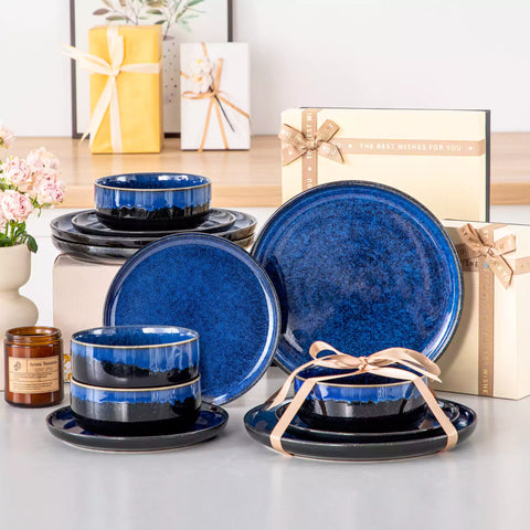 Starry Lipped-Edge 12-Piece Stoneware Dinnerware Set Featuring A Unique Starry Design And Functional Lipped Edges - Blue