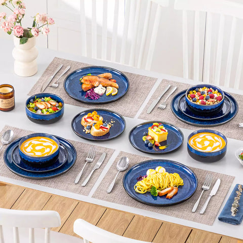 Starry Lipped-Edge 12-Piece Stoneware Dinnerware Set Featuring A Unique Starry Design And Functional Lipped Edges - Blue
