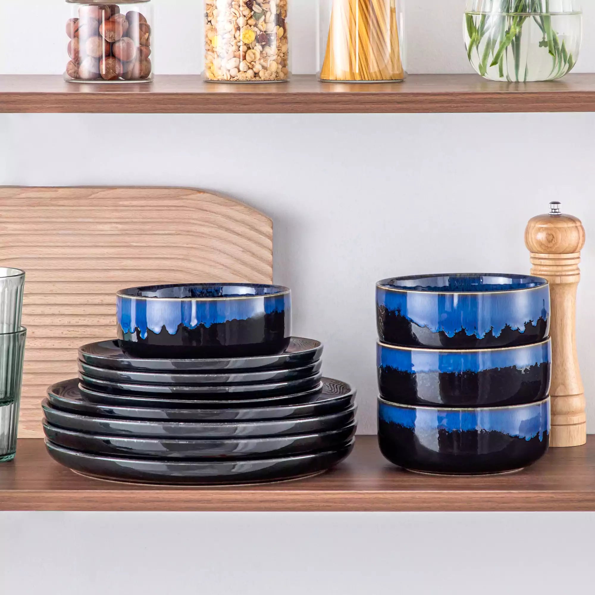 Starry Lipped-Edge 12-Piece Stoneware Dinnerware Set Featuring A Unique Starry Design And Functional Lipped Edges - Blue
