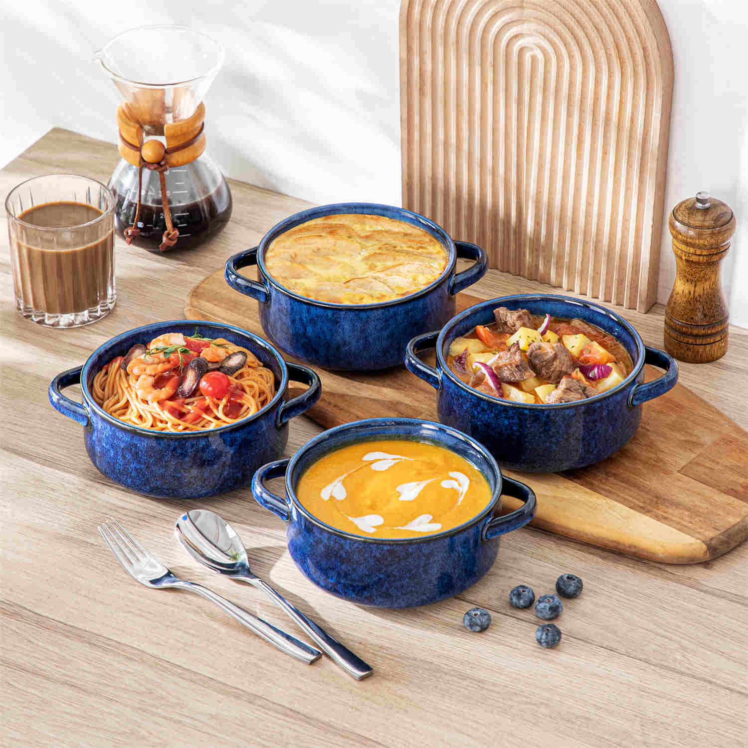Reactive Glaze Starry Blue Handled Soup Bowls Set of 4-vancasso