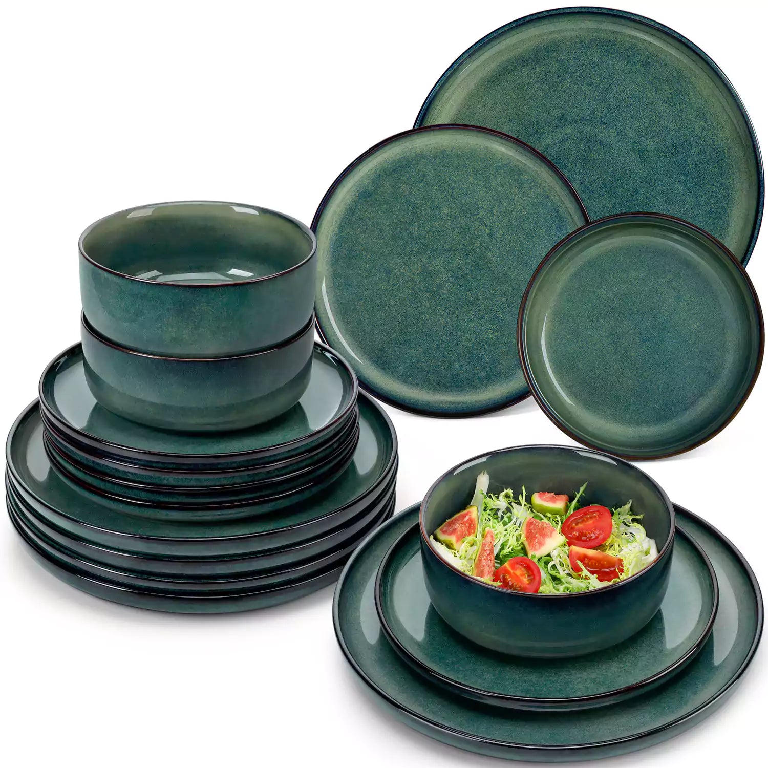vancasso Starry 18-Piece Dinnerware Set With Straight Edges And A Radiant Reactive Glaze For A Modern Stylish Look - Green