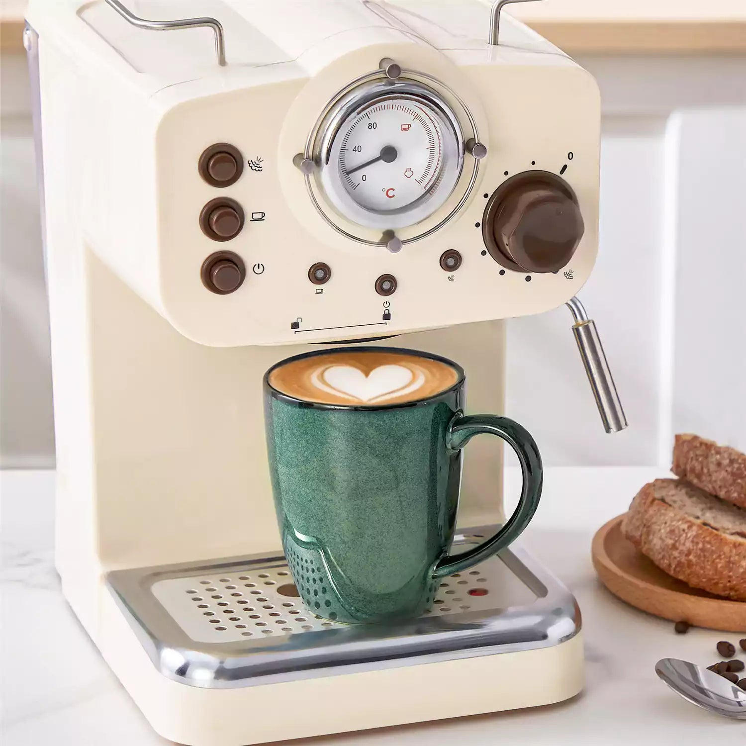 Green Starry 12oz stoneware mugs set of 4 with reactive glaze finish on a kitchen counter with coffee milk and fresh bread