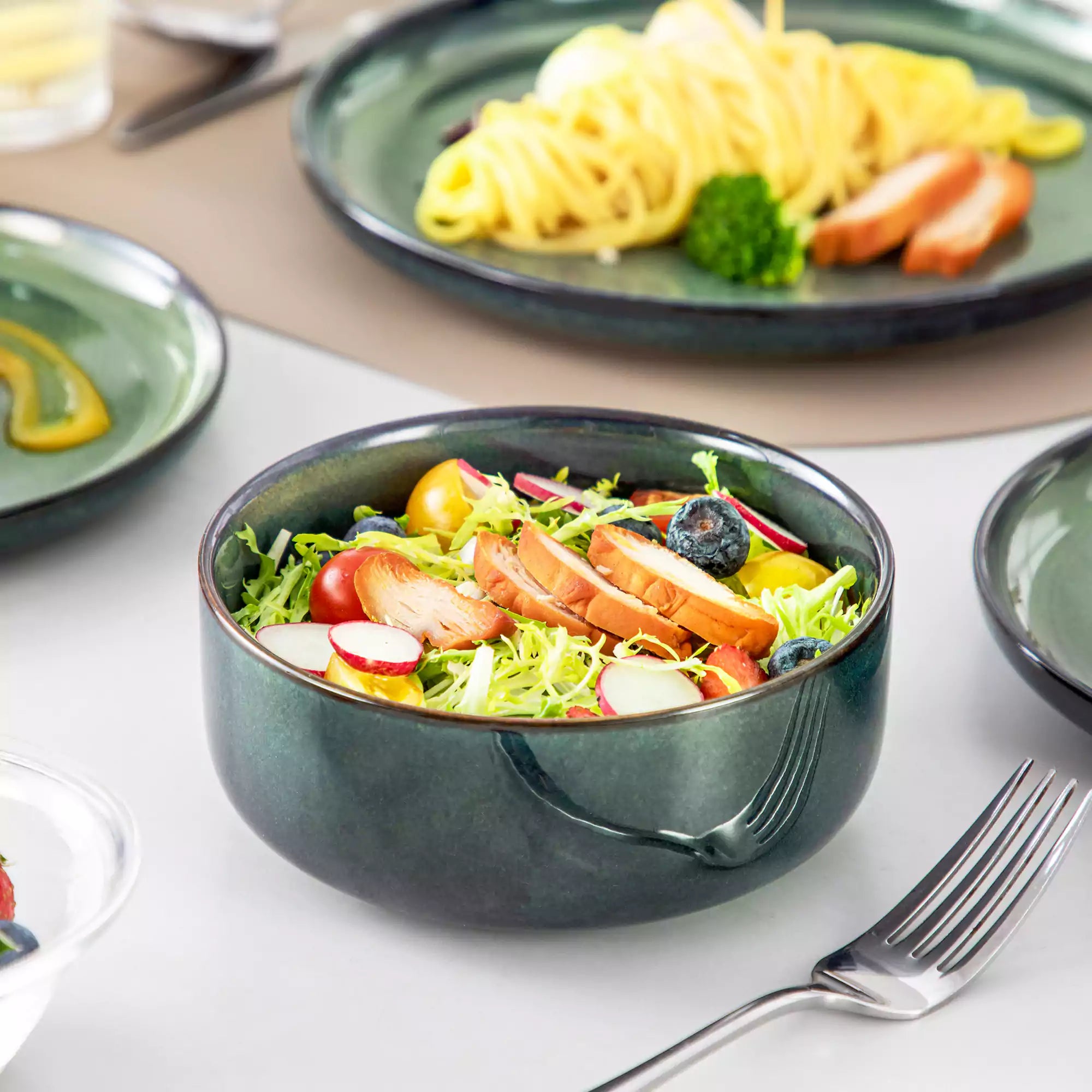 Starry Lipped-Edge 12-Piece Stoneware Dinnerware Set Featuring A Unique Starry Design And Functional Lipped Edges - Green