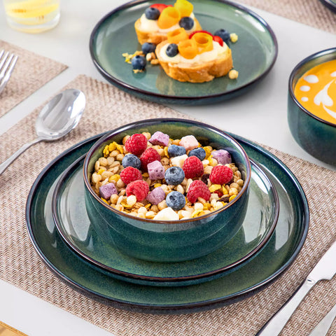 Starry Lipped-Edge 12-Piece Stoneware Dinnerware Set Featuring A Unique Starry Design And Functional Lipped Edges - Green