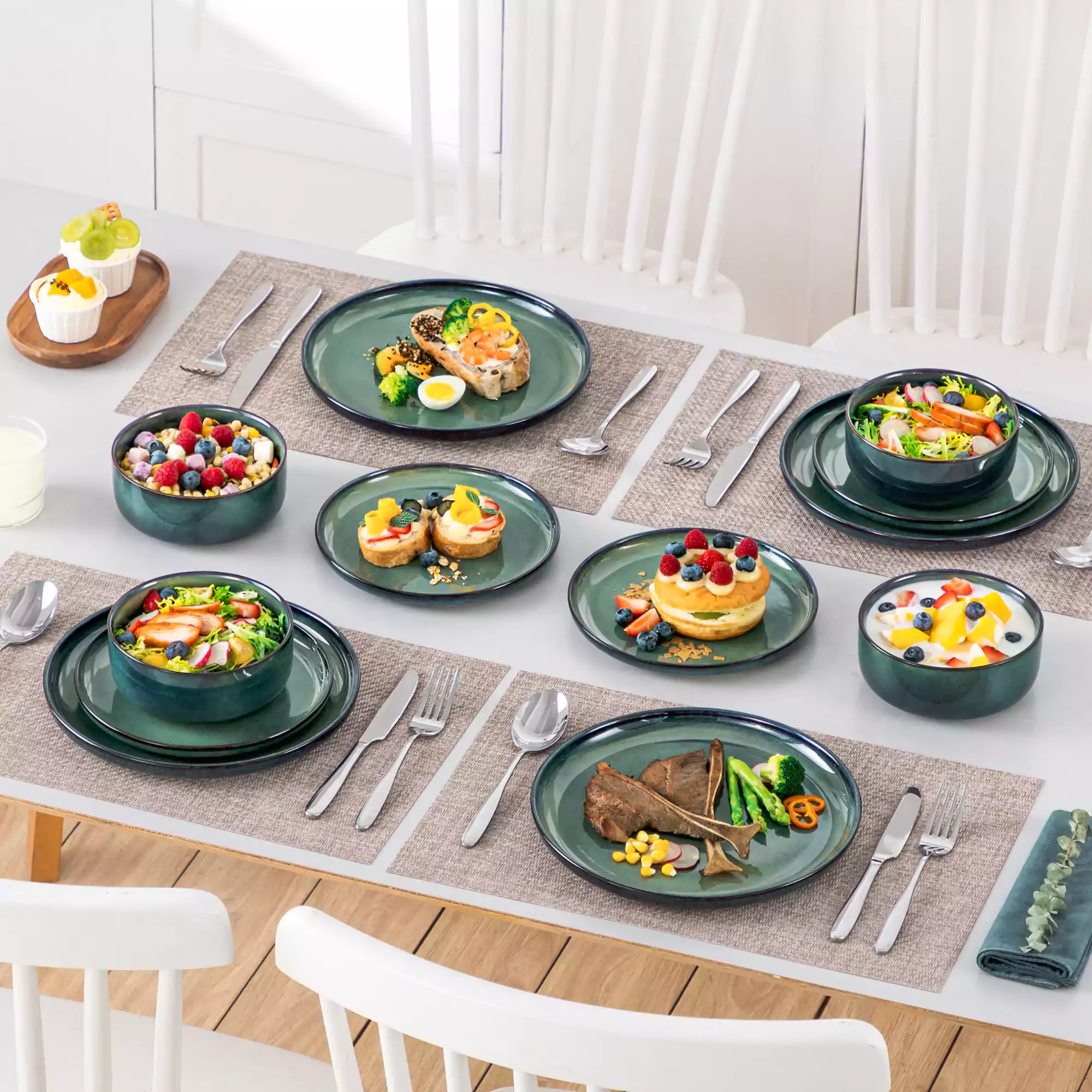 Starry Lipped-Edge 12-Piece Stoneware Dinnerware Set Featuring A Unique Starry Design And Functional Lipped Edges - Green