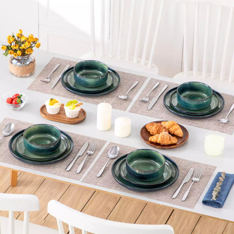 Starry Lipped-Edge 12-Piece Stoneware Dinnerware Set Featuring A Unique Starry Design And Functional Lipped Edges - Green