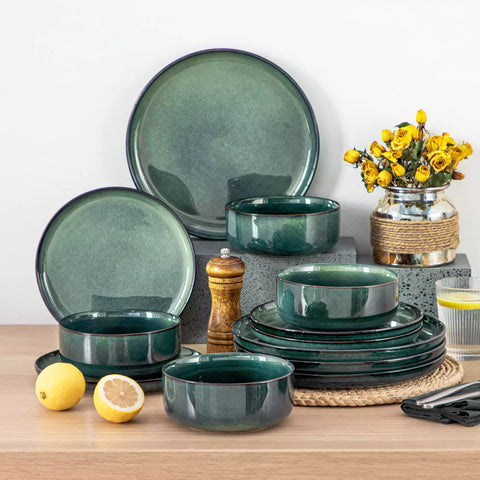 Starry Lipped-Edge 12-Piece Stoneware Dinnerware Set Featuring A Unique Starry Design And Functional Lipped Edges - Green