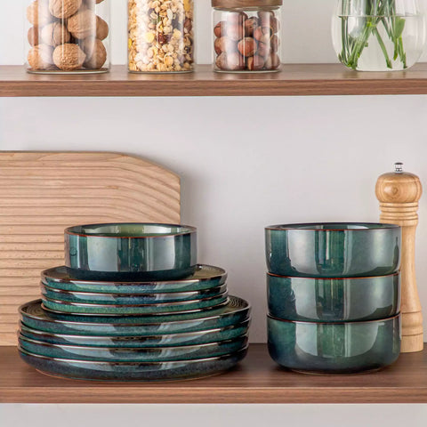 Starry Lipped-Edge 12-Piece Stoneware Dinnerware Set Featuring A Unique Starry Design And Functional Lipped Edges - Green