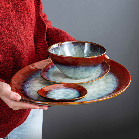 Starry 11-Piece Dinnerware Set with Oval Plates - Bowls - and Serving Dishes in Red Reactive Glaze-vancasso