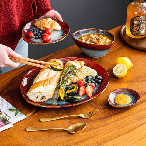 Starry 11-Piece Dinnerware Set with Oval Plates - Bowls - and Serving Dishes in Red Reactive Glaze-vancasso