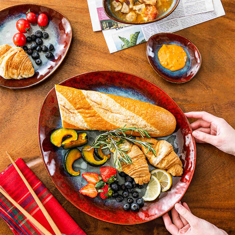 Starry 11-Piece Dinnerware Set with Oval Plates - Bowls - and Serving Dishes in Red Reactive Glaze-vancasso
