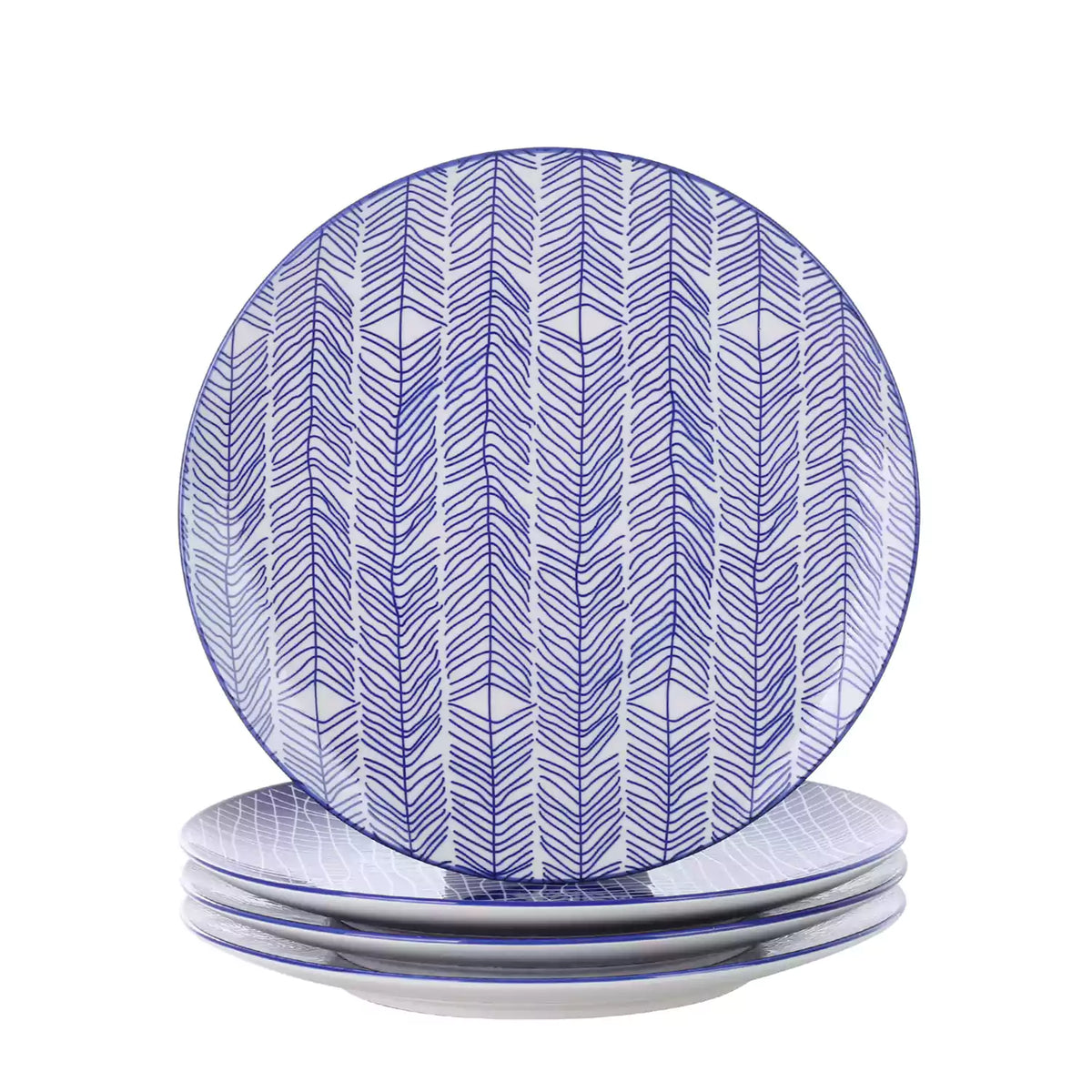 Porcelain dinner plates set of 4 with classic Japanese indigo stripe patterns, featuring assorted designs, ideal for serving steak.