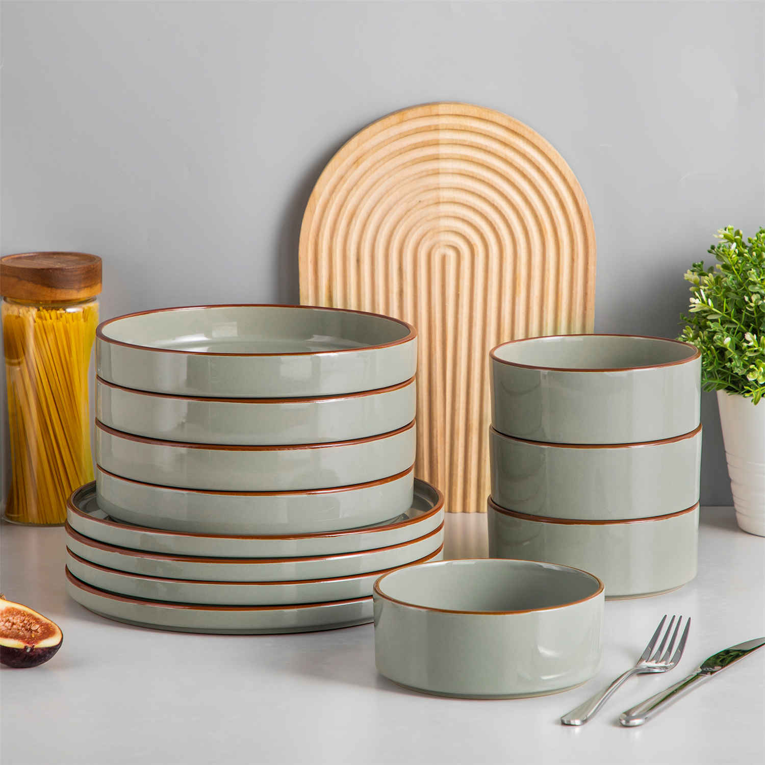 Modern Venus Glossy Green 12 Piece Stoneware Dinnerware Set with Brown Trims-vanacasso