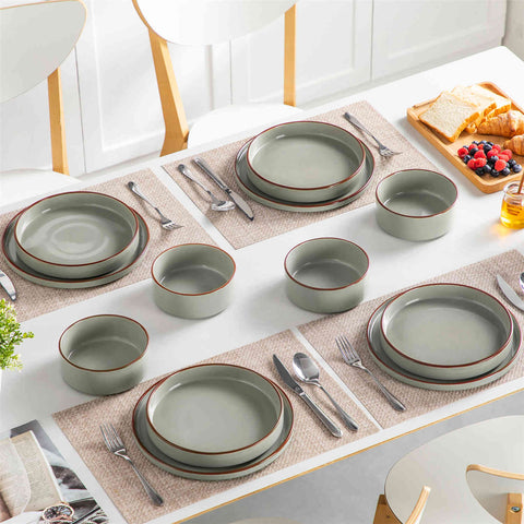 Modern Venus Glossy Green 12 Piece Stoneware Dinnerware Set with Brown Trims-vanacasso
