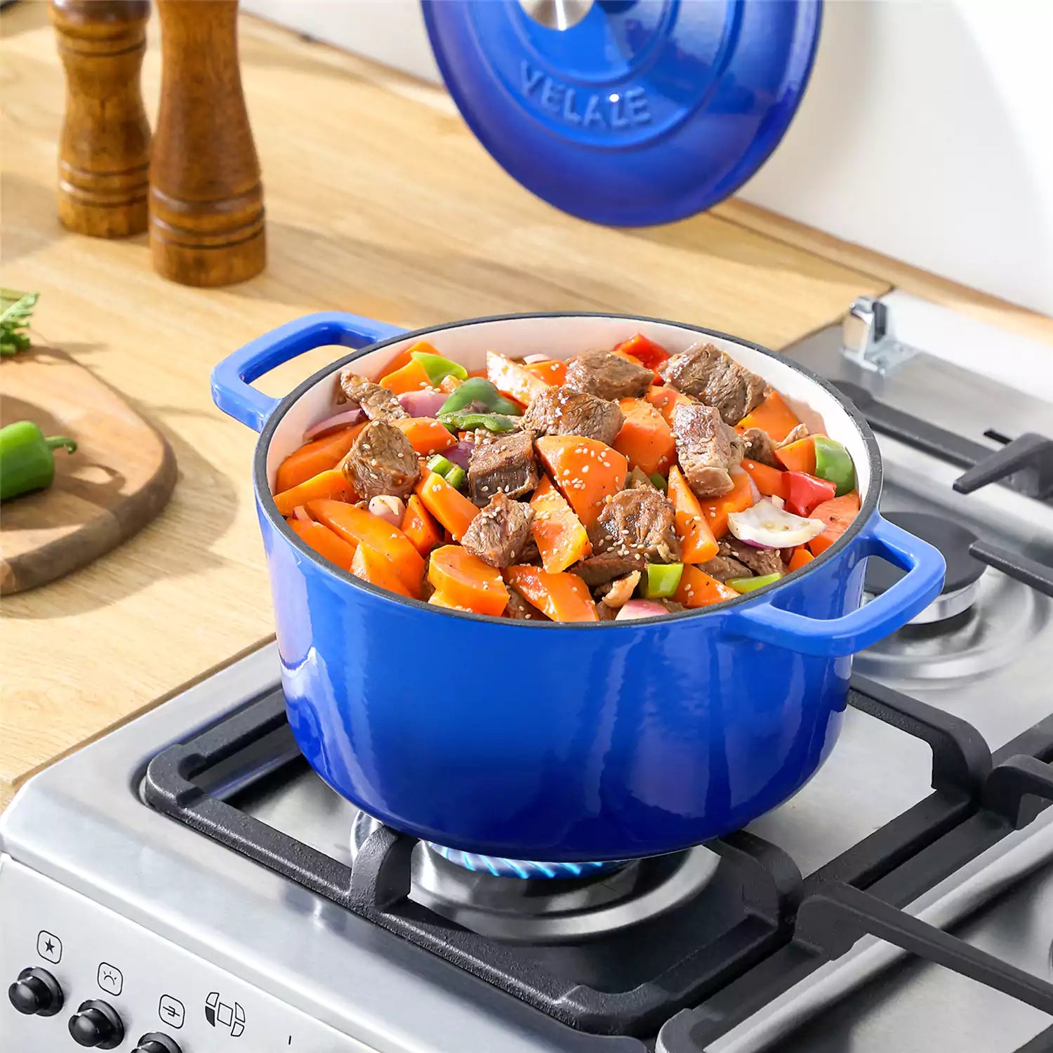 Velaze 6qt Enameled Cast Iron Round Dutch Oven With Lid - Featuring A Durable Enamel Finish - Ideal For Slow Cooking - Baking - And Braising - Blue