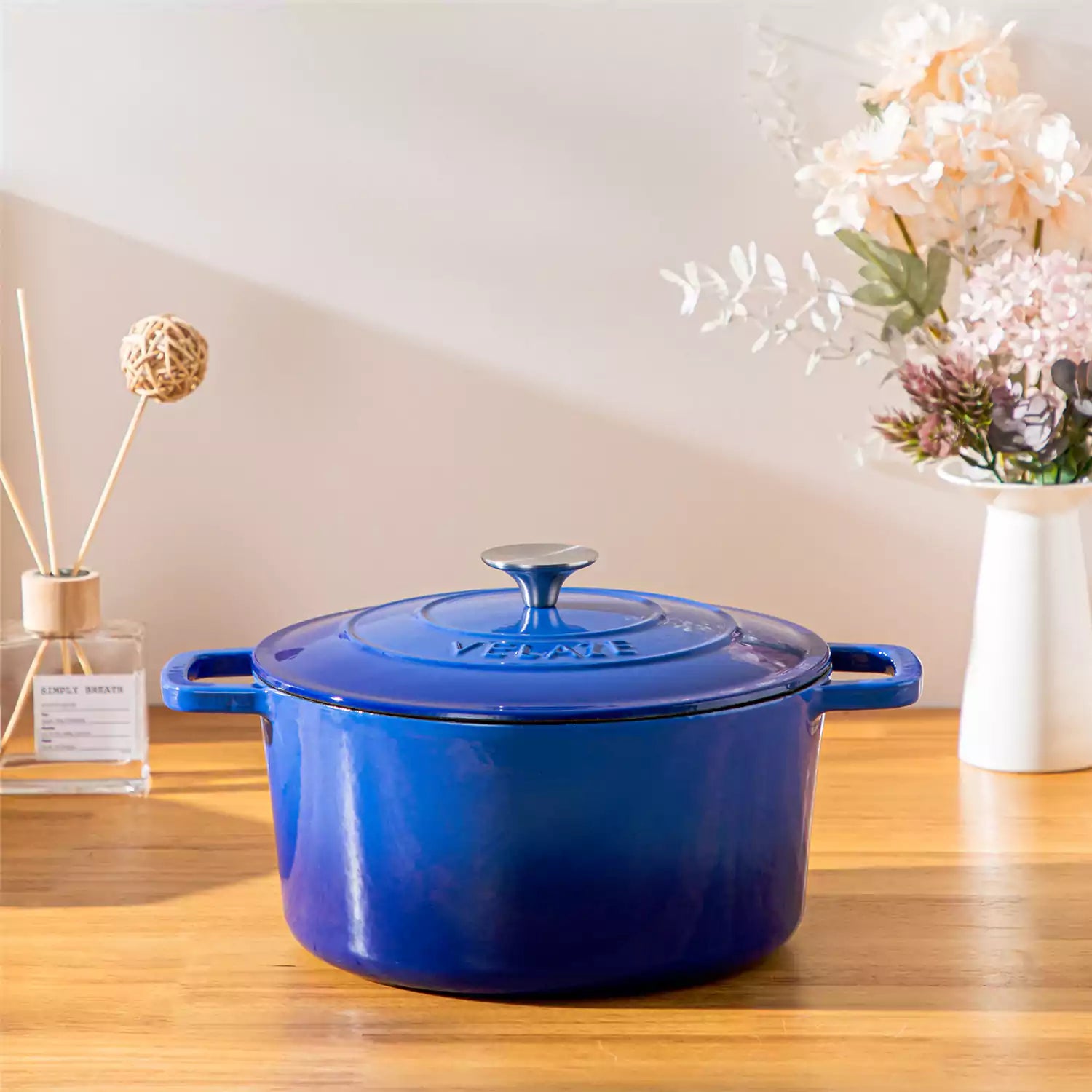 Velaze 6qt Enameled Cast Iron Round Dutch Oven With Lid - Featuring A Durable Enamel Finish - Ideal For Slow Cooking - Baking - And Braising - Blue