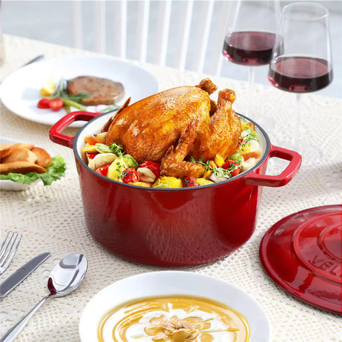 Velaze 6qt Enameled Cast Iron Round Dutch Oven With Lid - Featuring A Durable Enamel Finish - Ideal For Slow Cooking - Baking - And Braising - Red