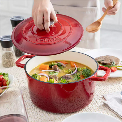 Velaze 6qt Enameled Cast Iron Round Dutch Oven With Lid - Featuring A Durable Enamel Finish - Ideal For Slow Cooking - Baking - And Braising - Red