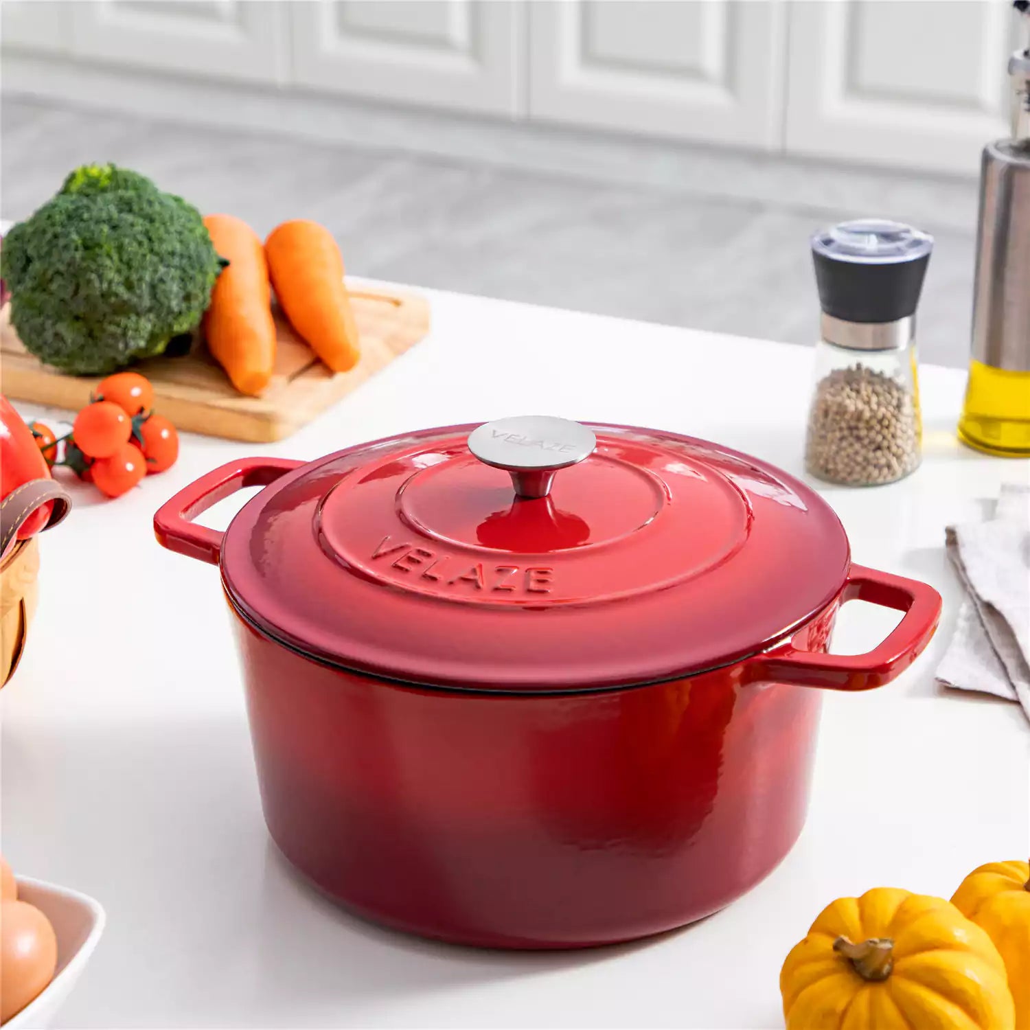 Velaze 6qt Enameled Cast Iron Round Dutch Oven With Lid - Featuring A Durable Enamel Finish - Ideal For Slow Cooking - Baking - And Braising - Red