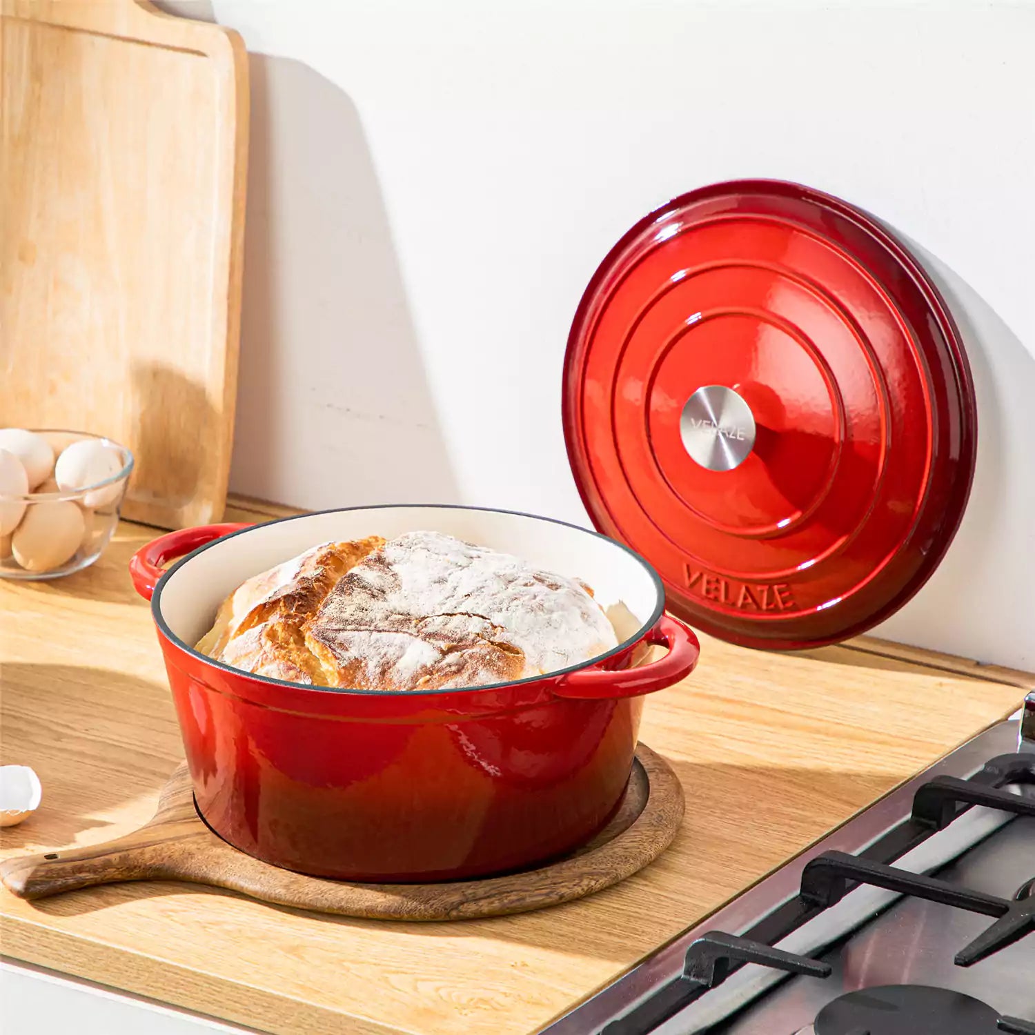 Velaze Six and a Half Quart Enameled Cast Iron Dutch Oven Ideal For Roasting Stewing With A Lid For Superior Heat Retention - Red