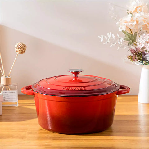 Velaze Six and a Half Quart Enameled Cast Iron Dutch Oven Ideal For Roasting Stewing With A Lid For Superior Heat Retention - Red