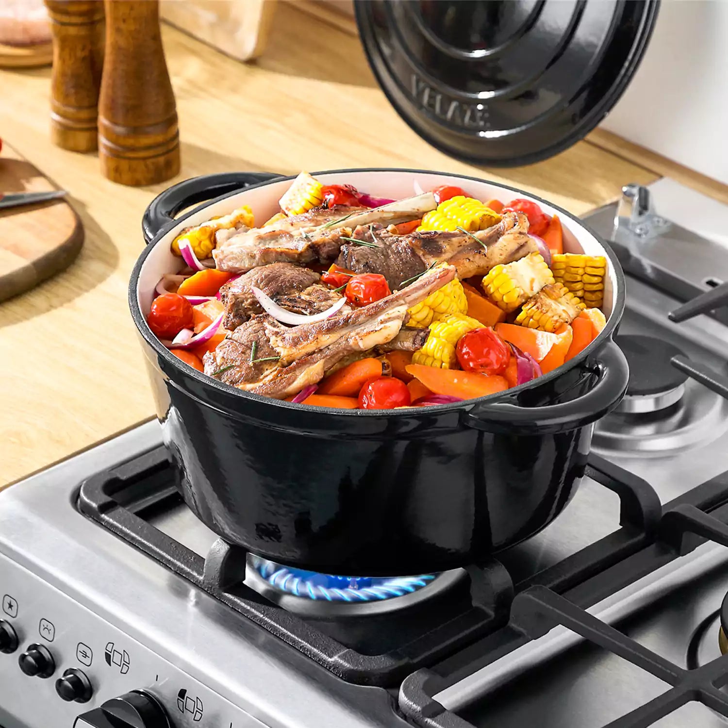 Velaze Six and a Half Quart Enameled Cast Iron Dutch Oven Ideal For Roasting Stewing With A Lid For Superior Heat Retention - Black