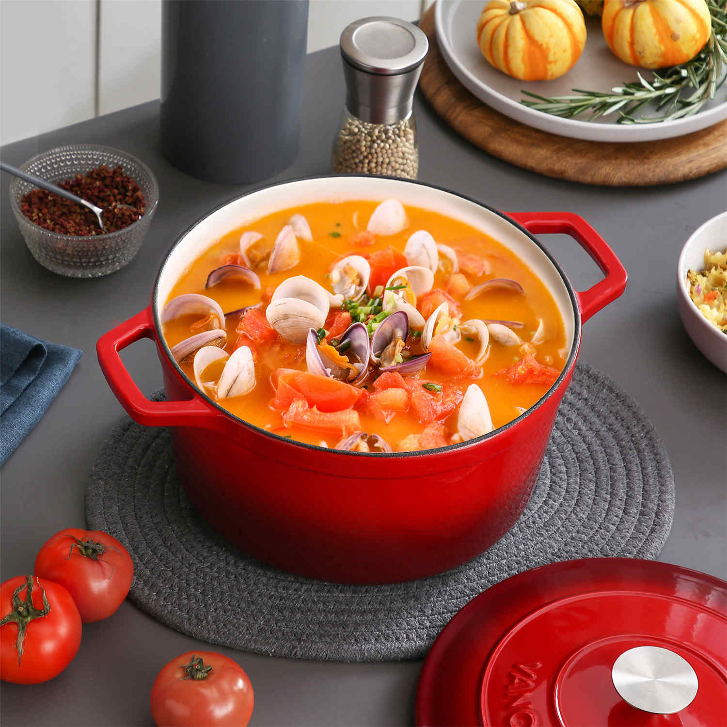 Red 7.5QT Enameled Cast Iron Round Dutch Oven, Durable Cast Iron Cookware For Even Heat-vancasso